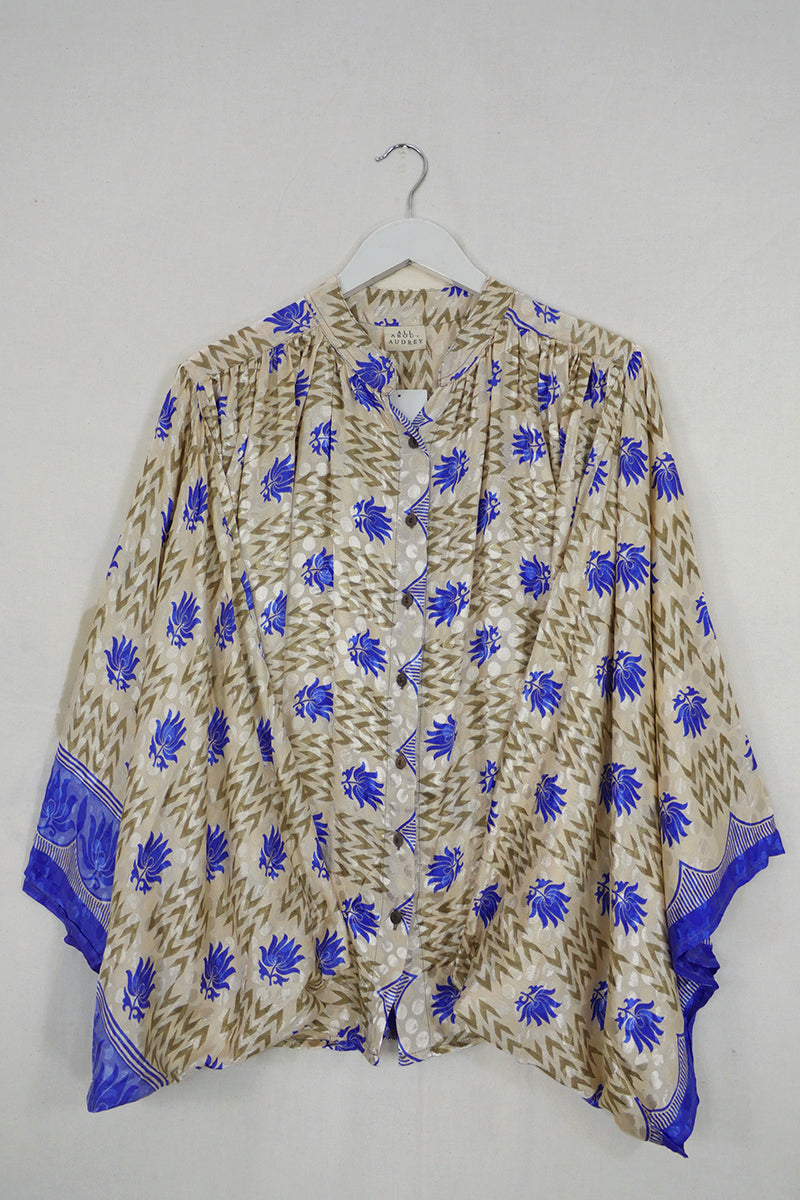 Ophelia Blouse - Blue Lavender Floral - Vintage Sari - Free Size by all about audrey