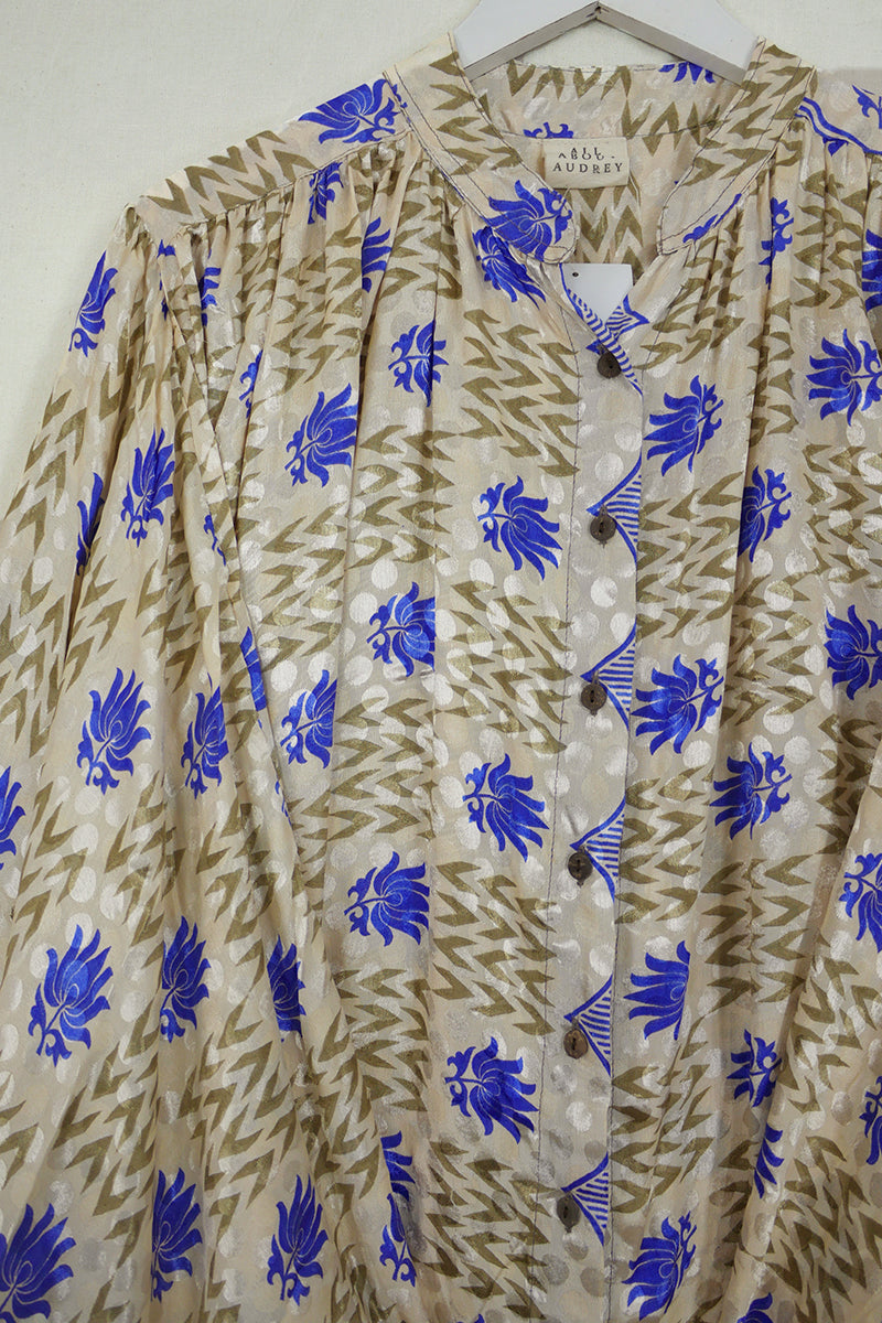 Ophelia Blouse - Blue Lavender Floral - Vintage Sari - Free Size