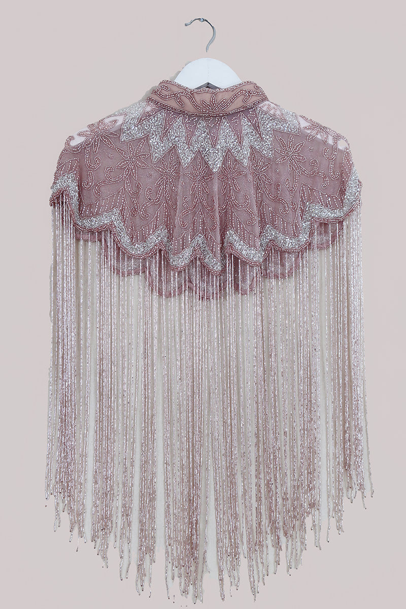 Waterfall Beaded Fringe Cloak with Pink Floral Detail