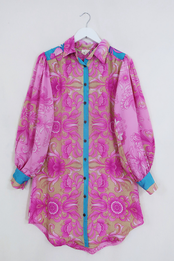 Bonnie Shirt Dress - Pink Sunburst Floral - Vintage Indian Sari - Size M/L By All About Audrey