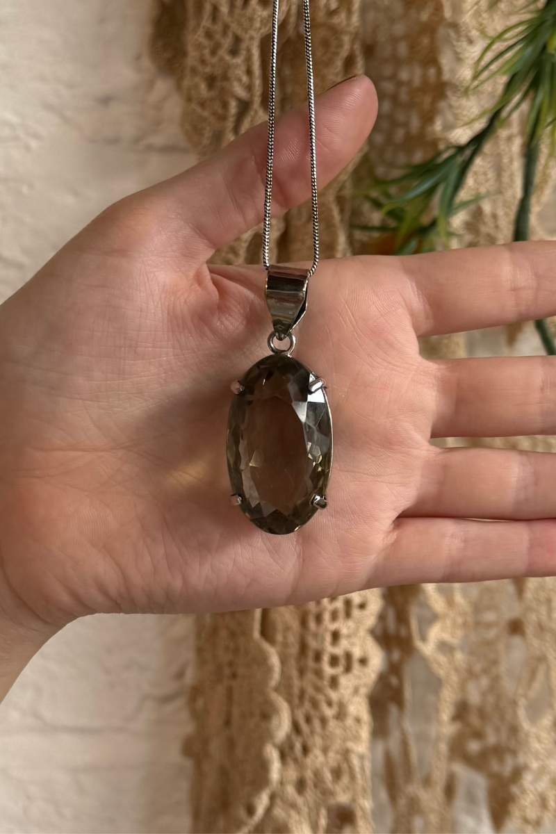 Smokey Oval Quartz Silver Plated Necklace