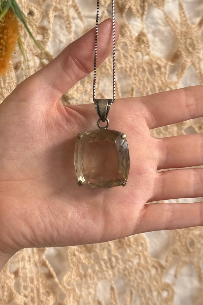 Smokey Square Quartz Silver Plated Necklace