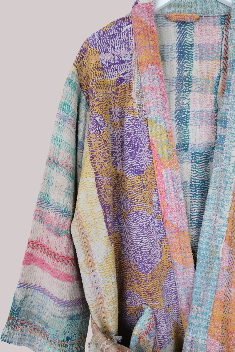 Vintage Kantha Robe in Watercolour Patchwork - Free Size