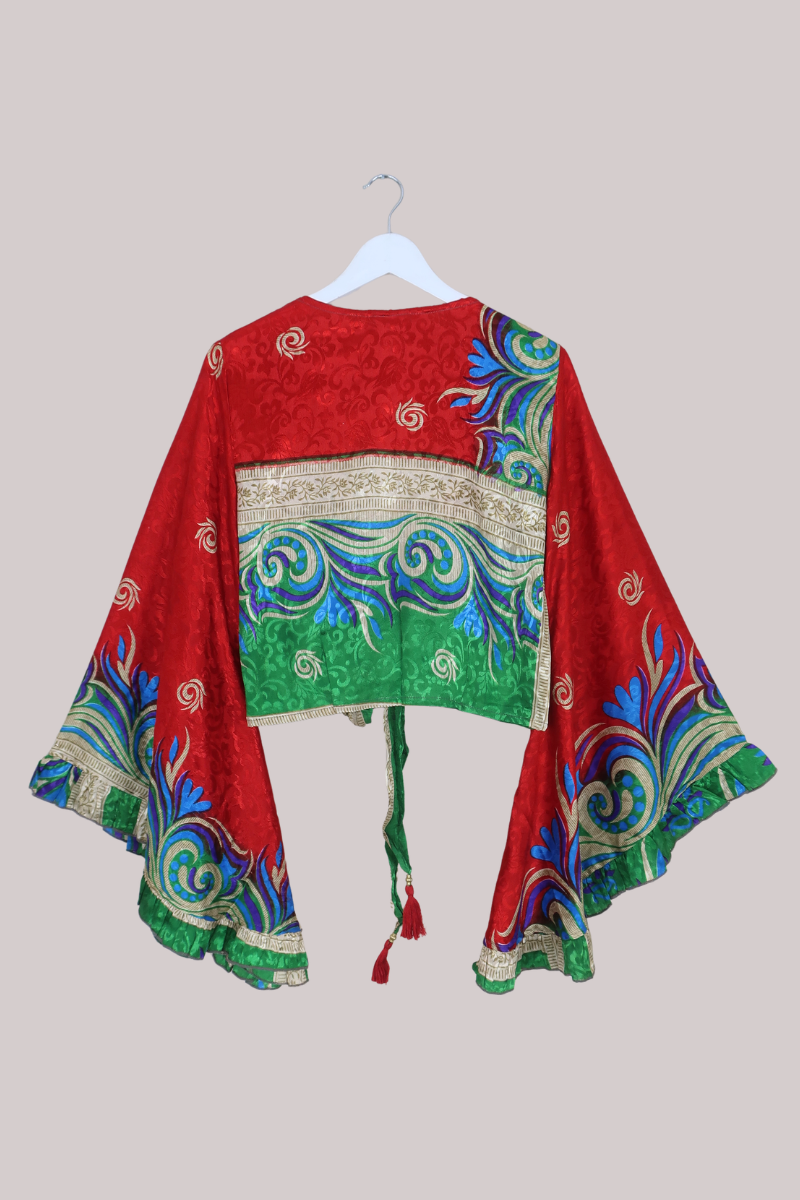 Venus Recycled Sari Wrap Top in Poppy Red Jacquard - Size M/L