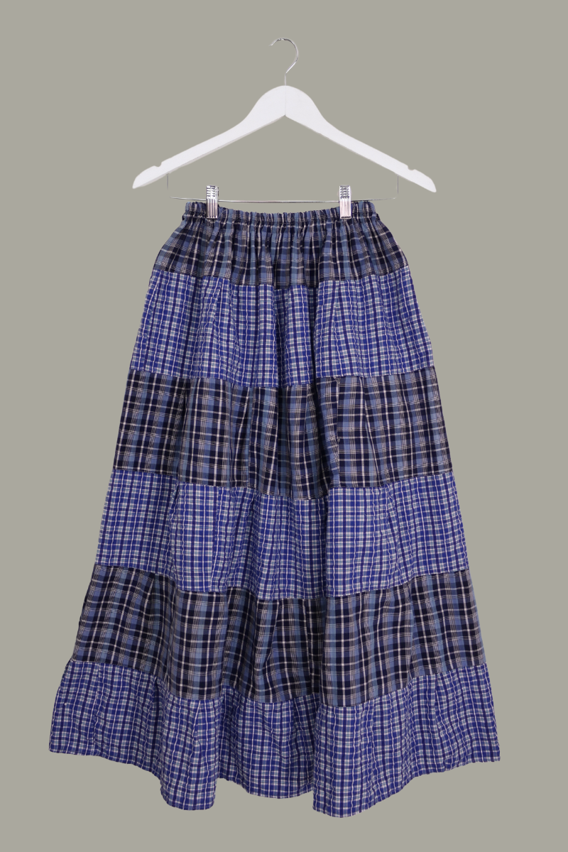Adelaide Patchwork Maxi Skirt in Bonny Blue Contrasting Check