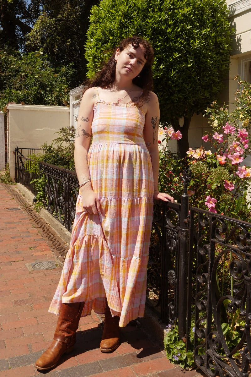 Alice Maxi Dress in Strawflower Pink Tartan by All About Audrey