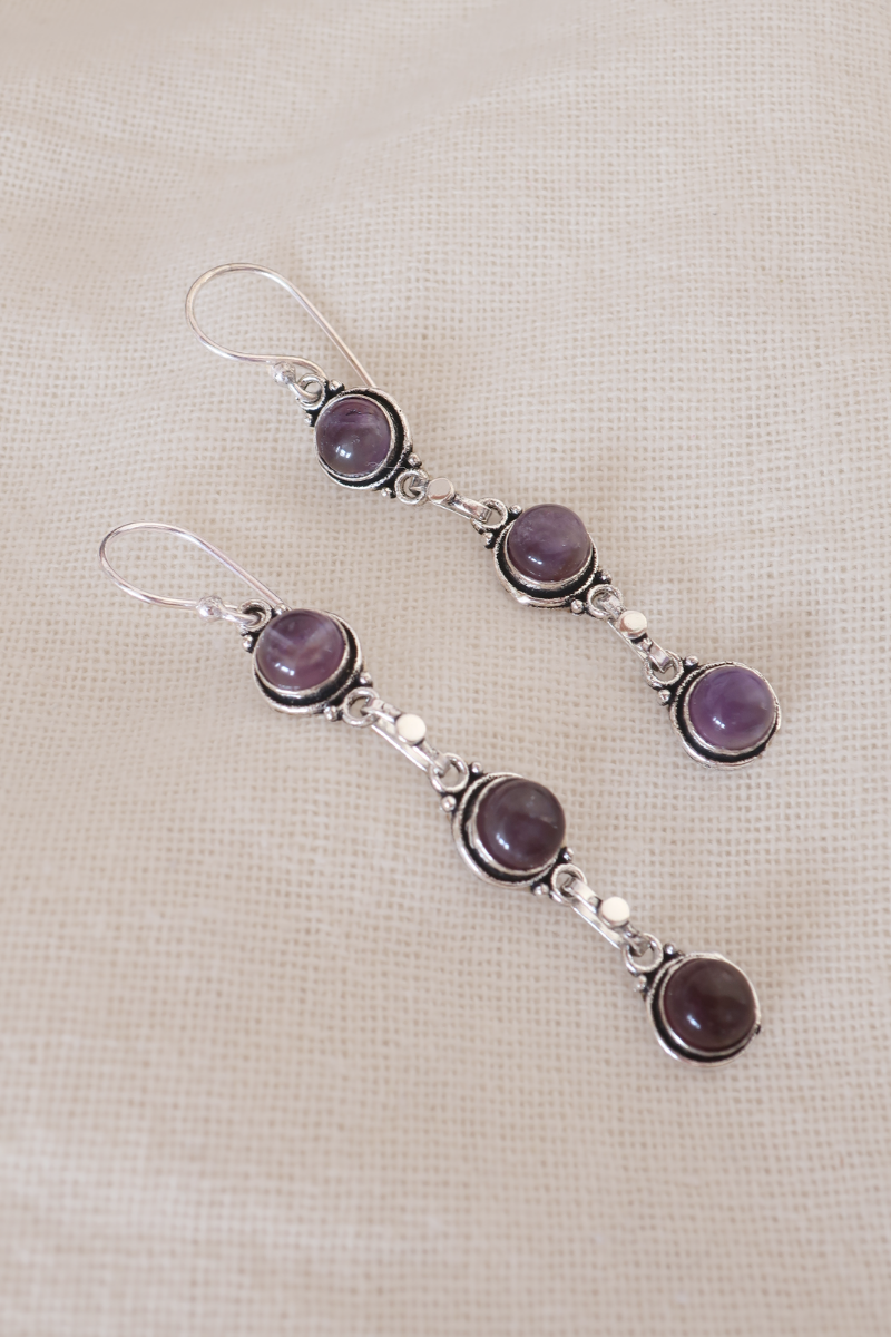 Amethyst Beads Silver Plated Earrings