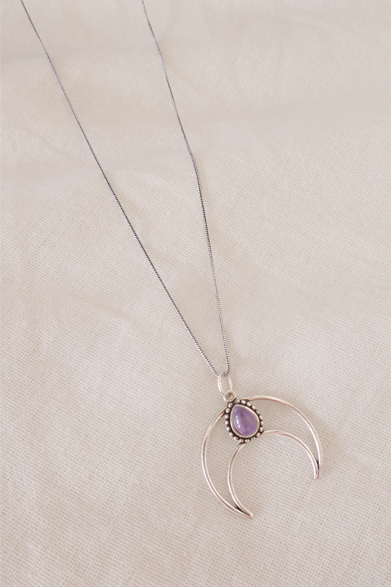 Amethyst Crescent Moon Silver Plated Necklace