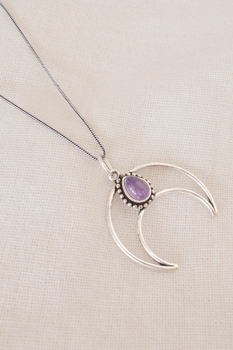 Amethyst Crescent Moon Silver Plated Necklace