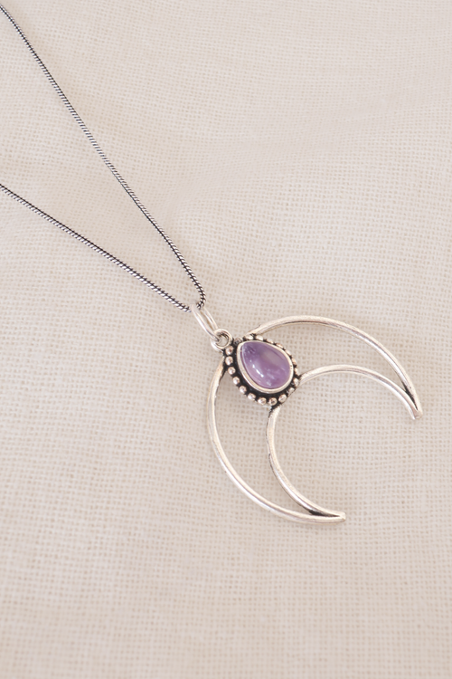 Amethyst Crescent Moon Silver Plated Necklace