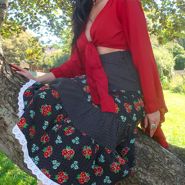 70 s Vintage Skirt Black White Polka Dots with a Bright Floral Pat