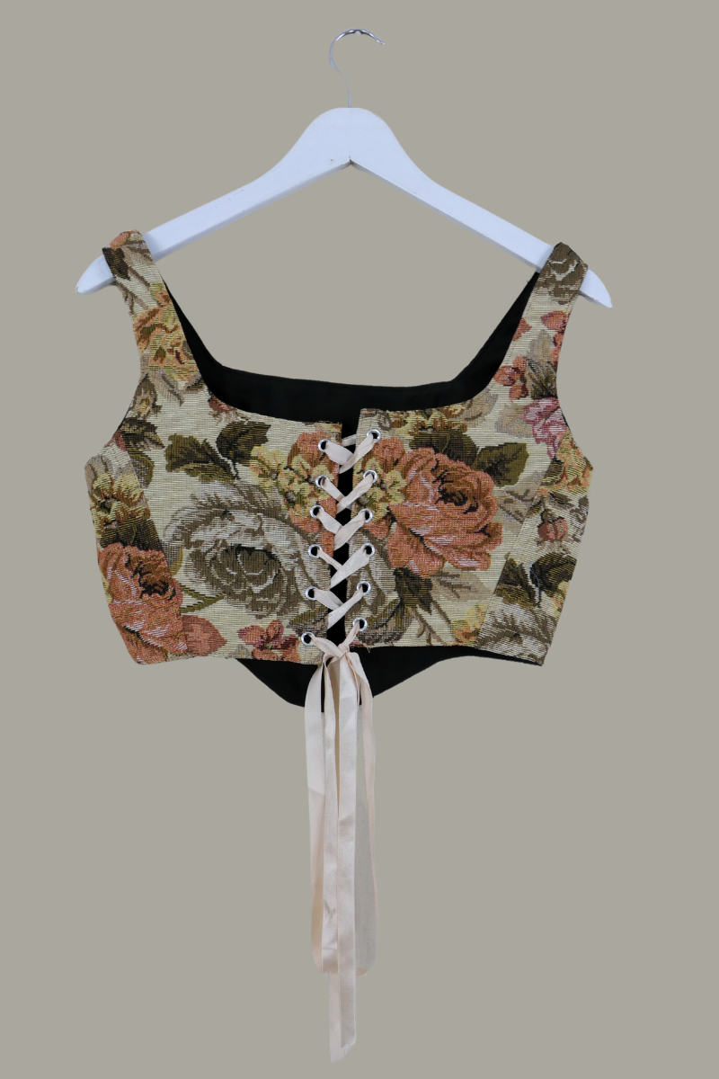 Antoinette Tapestry Corset in Dried Dahlia Bouquet with Satin Ribbon by All About Audrey