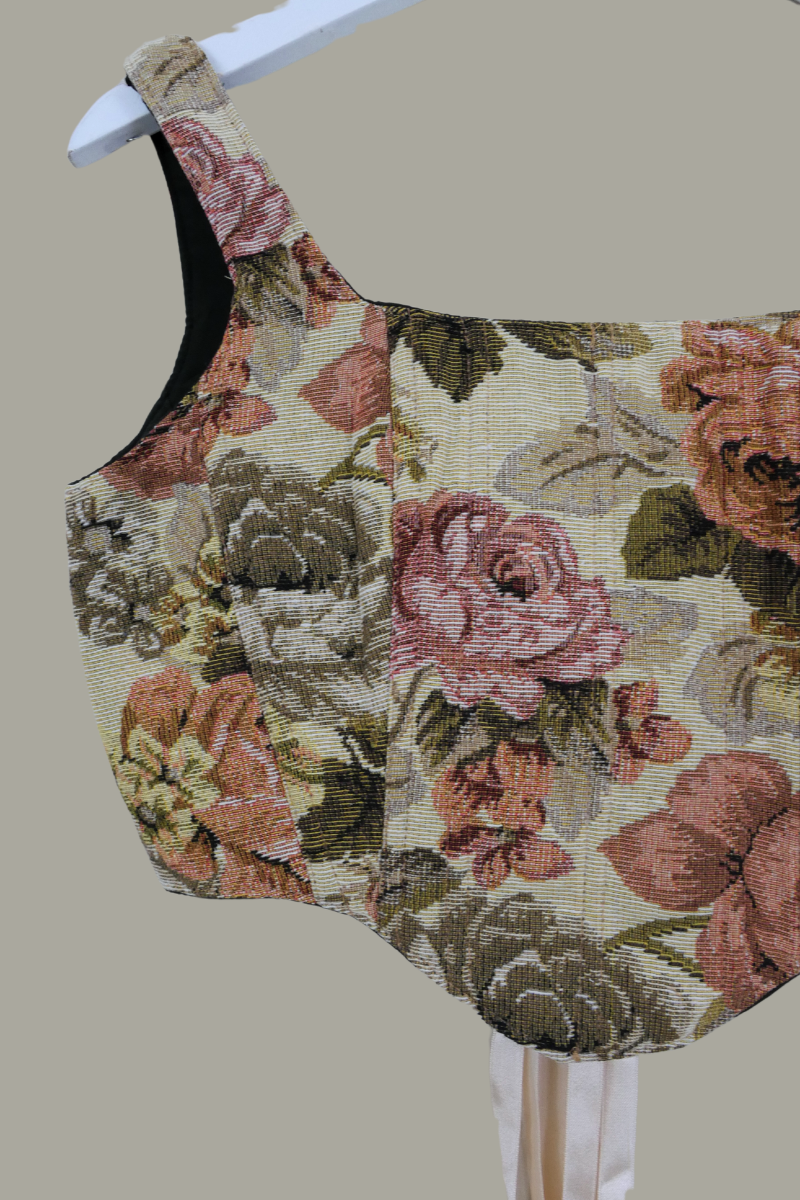 Antoinette Tapestry Corset in Dried Dahlia Bouquet with Satin Ribbon by All About Audrey