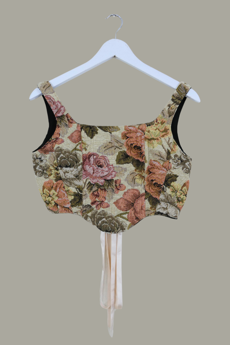 Antoinette Tapestry Corset in Dried Dahlia Bouquet with Satin Ribbon by All About Audrey