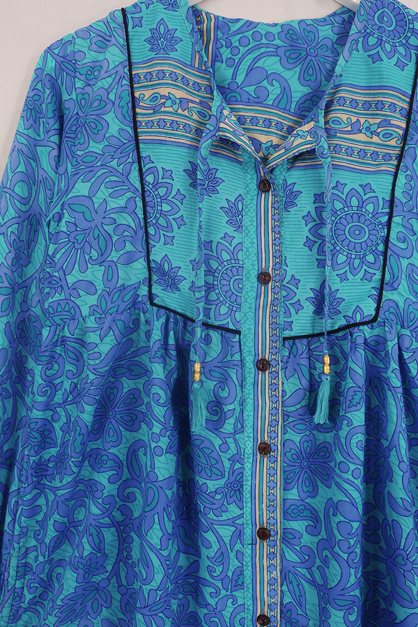 Jude Tunic Top - Frosted Blue & Mauve Flora - Vintage Indian Sari - Size XS By All About Audrey
