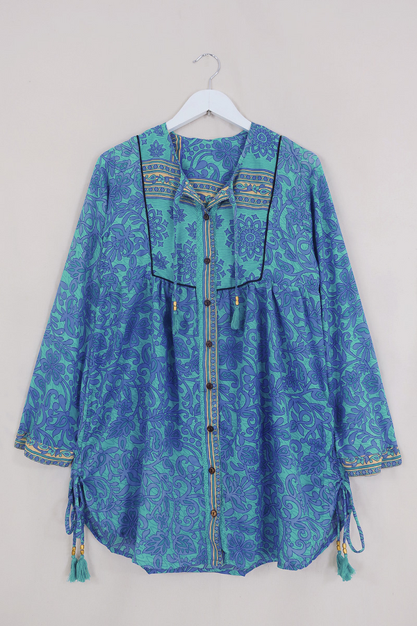 Jude Tunic Top - Frosted Blue & Mauve Flora - Vintage Indian Sari - Size XS By All About Audrey