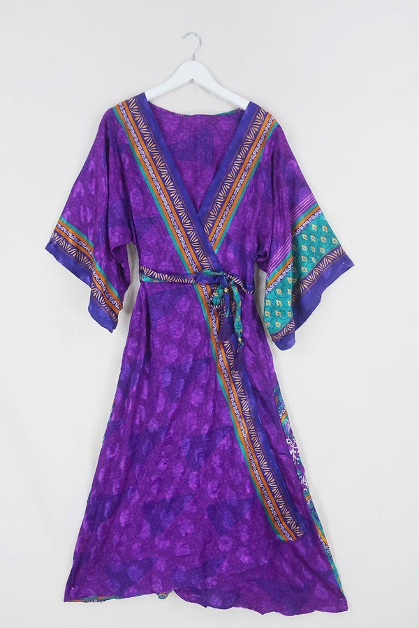 Aquaria Robe Dress - Deep Ruby Purple & Jade - Vintage Sari - Free Size S/M By All About Audrey