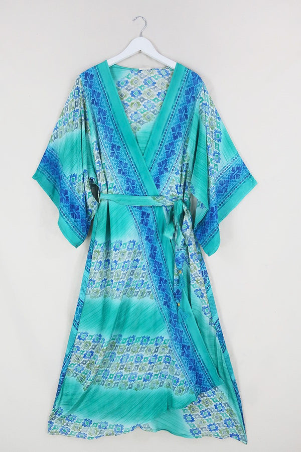 SALE | Aquaria Robe Dress - Turquoise Persian Tiles- Vintage Sari - Free Size XL by All About Audrey