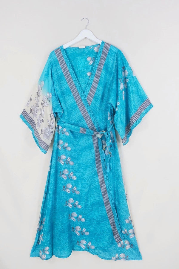 Aquaria Robe Dress - Sky Blue & Lily White Wildflower - Vintage Sari - Free Size M/L By All About Audrey