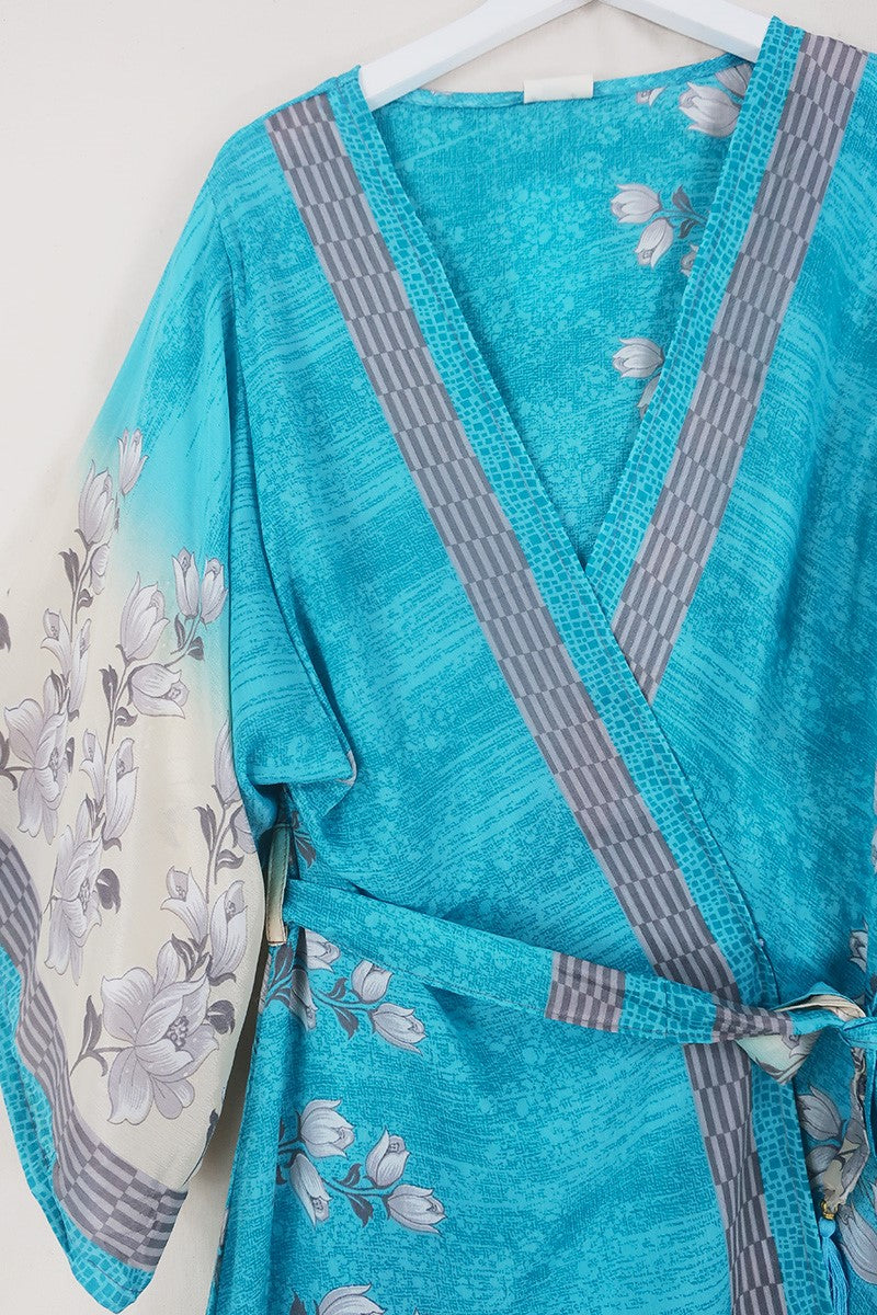 Aquaria Robe Dress - Sky Blue & Lily White Wildflower - Vintage Sari - Free Size M/L By All About Audrey