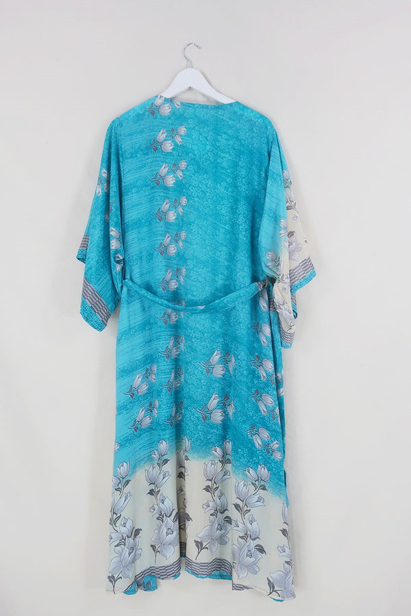 Aquaria Robe Dress - Sky Blue & Lily White Wildflower - Vintage Sari - Free Size M/L By All About Audrey
