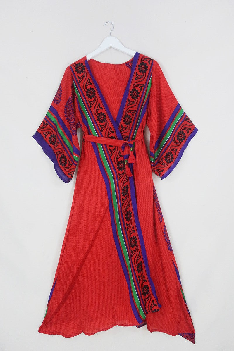 Aquaria Robe Dress - Crimson Red with Lime Stripe Floral - Vintage Sari - Free Size XS By All About Audrey