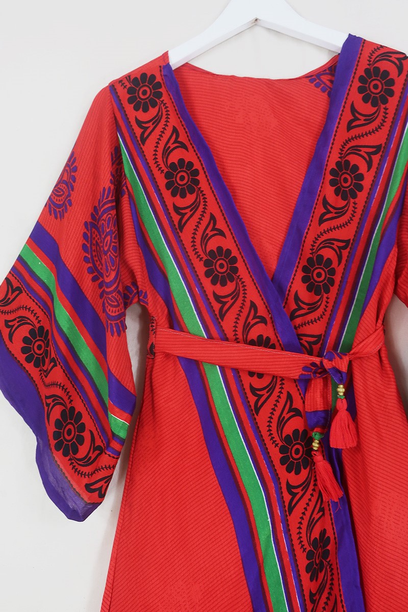 Aquaria Robe Dress - Crimson Red with Lime Stripe Floral - Vintage Sari - Free Size XS By All About Audrey