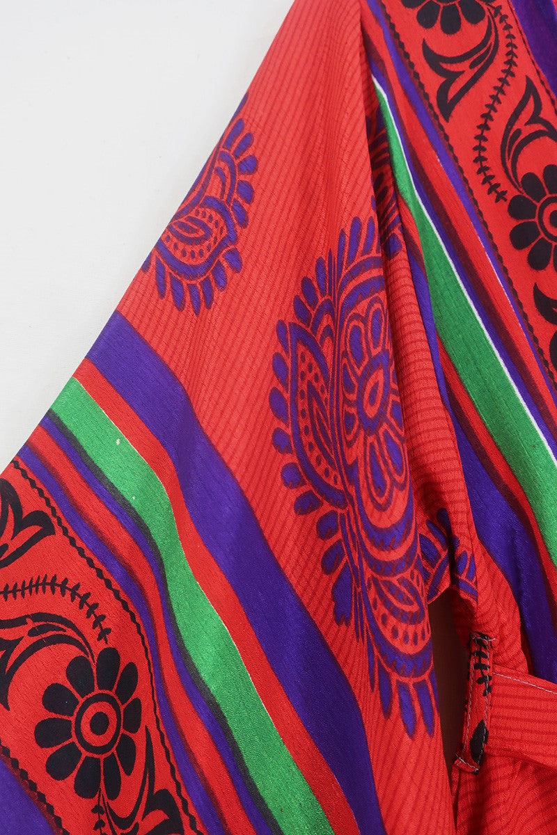 Aquaria Robe Dress - Crimson Red with Lime Stripe Floral - Vintage Sari - Free Size XS By All About Audrey