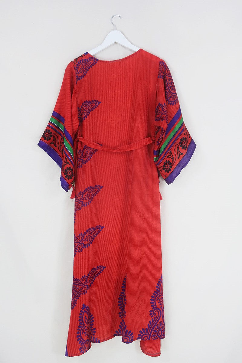 Aquaria Robe Dress - Crimson Red with Lime Stripe Floral - Vintage Sari - Free Size XS By All About Audrey