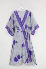 Aquaria Robe Dress - Spotted Silver & Violet Roses - Vintage Sari - Free Size M/L By All About Audrey