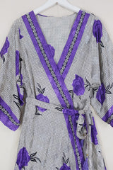 Aquaria Robe Dress - Spotted Silver & Violet Roses - Vintage Sari - Free Size M/L By All About Audrey