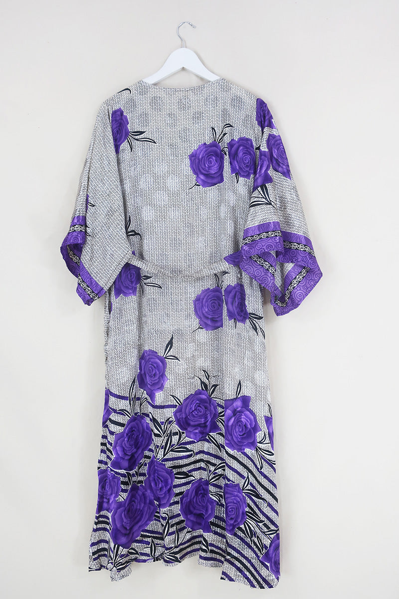Aquaria Robe Dress - Spotted Silver & Violet Roses - Vintage Sari - Free Size M/L By All About Audrey