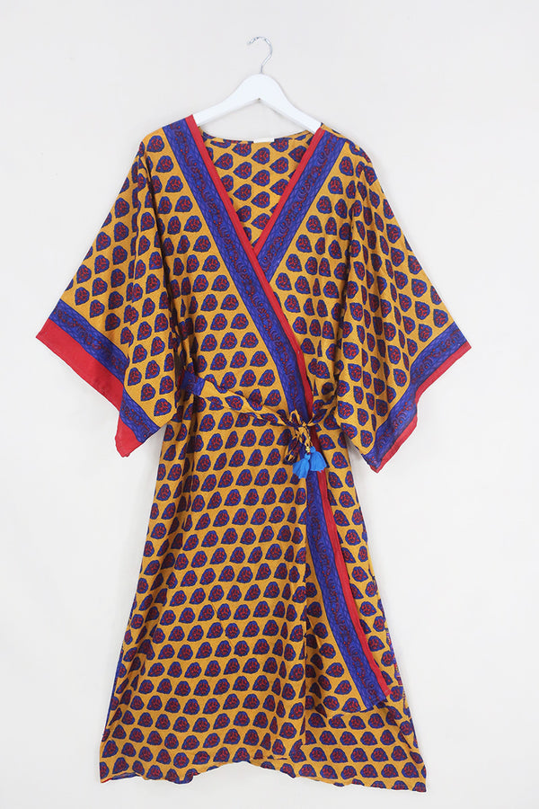 Aquaria Robe Dress - Turmeric Yellow & Phthalo Blue Leaf Motif - Vintage Sari - Free Size XXL by All About Audrey