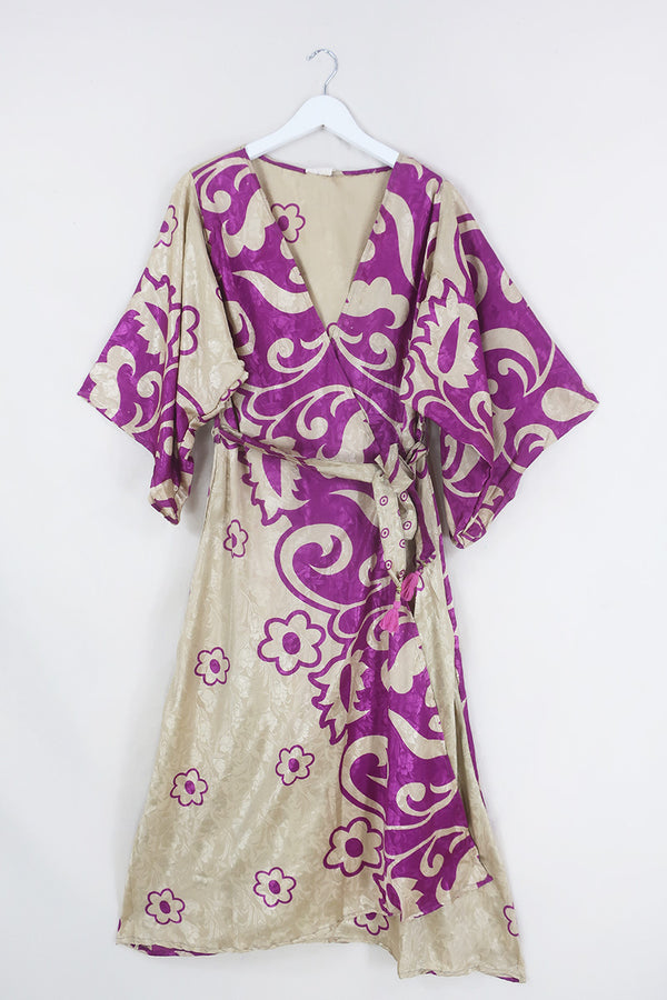 SALE | Aquaria Robe Dress - Violet Fleur & Pine Jacquard- Vintage Sari - Free Size M/L