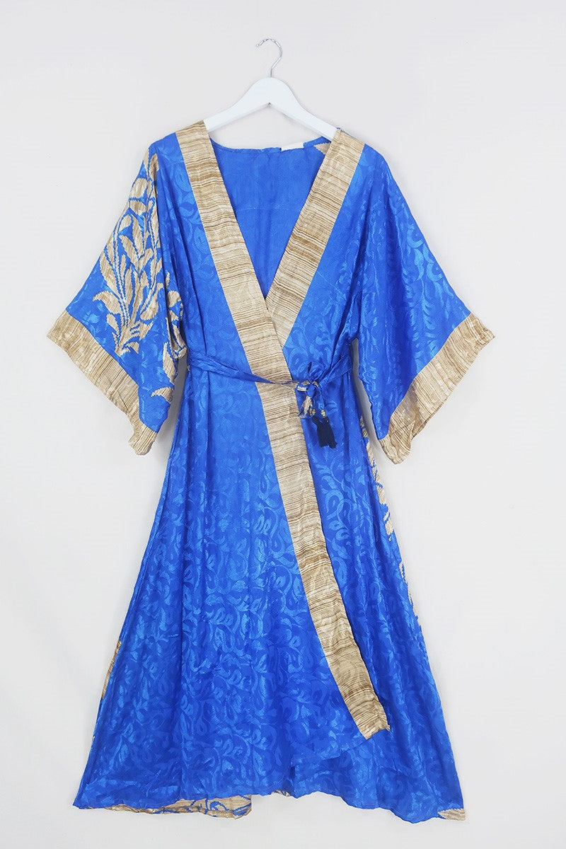 Aquaria Robe Dress - Sapphire Blue Vine Jacquard - Vintage Sari - Free Size S By All About Audrey