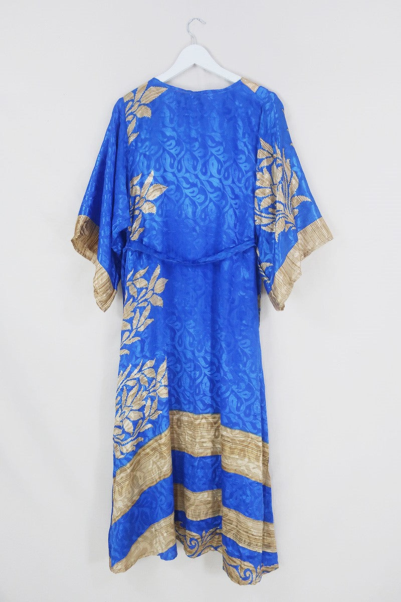 Aquaria Robe Dress - Sapphire Blue Vine Jacquard - Vintage Sari - Free Size S By All About Audrey