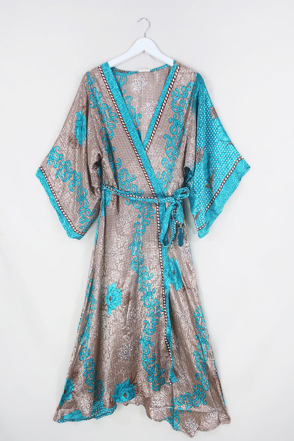 Aquaria Robe Dress - Pale Gold & Aqua Shimmer - Vintage Sari - Free Size S/M By All About Audrey