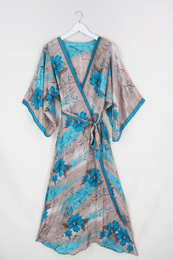Aquaria Robe Dress - Rose Gold & Turquoise Bloom - Vintage Sari - Free Size S/M By All About Audrey