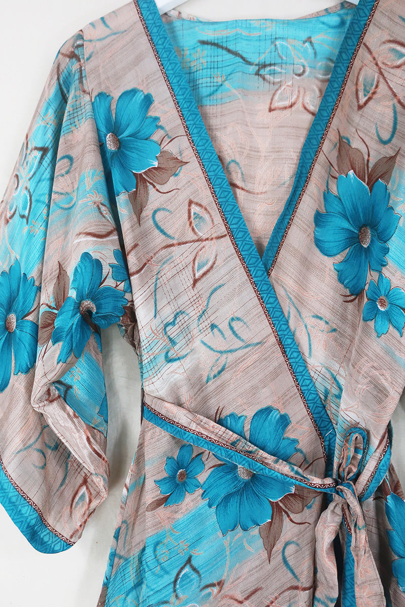 Aquaria Robe Dress - Rose Gold & Turquoise Bloom - Vintage Sari - Free Size S/M By All About Audrey