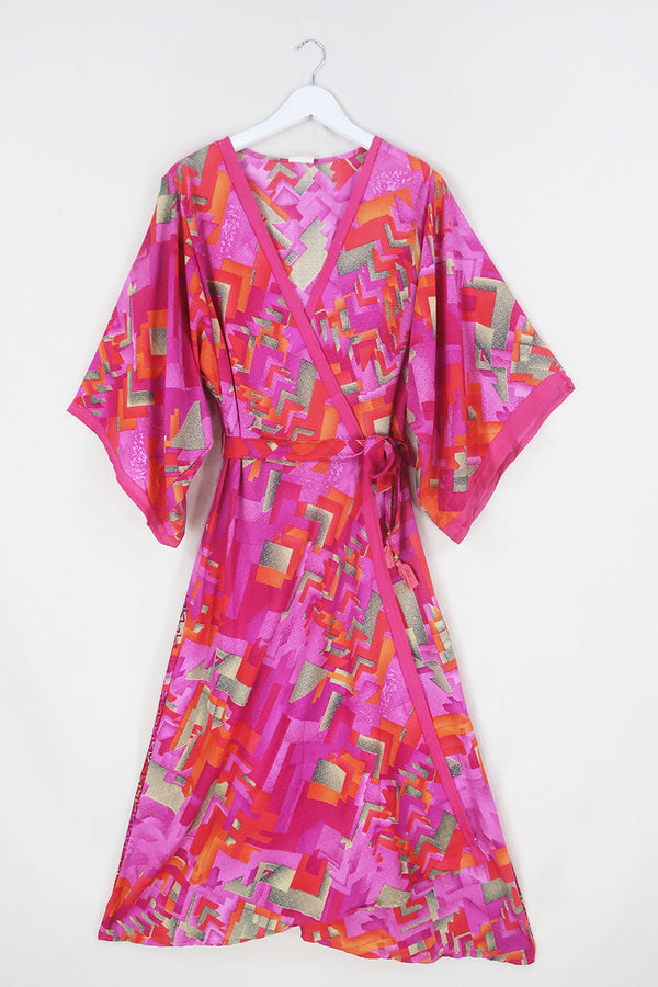 Aquaria Robe Dress - Pink Peach Mosaic - Vintage Sari - Free Size M/L by All About Audrey