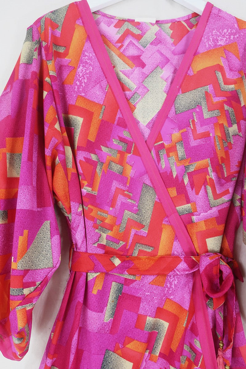 Aquaria Robe Dress - Pink Peach Mosaic - Vintage Sari - Free Size M/L by All About Audrey