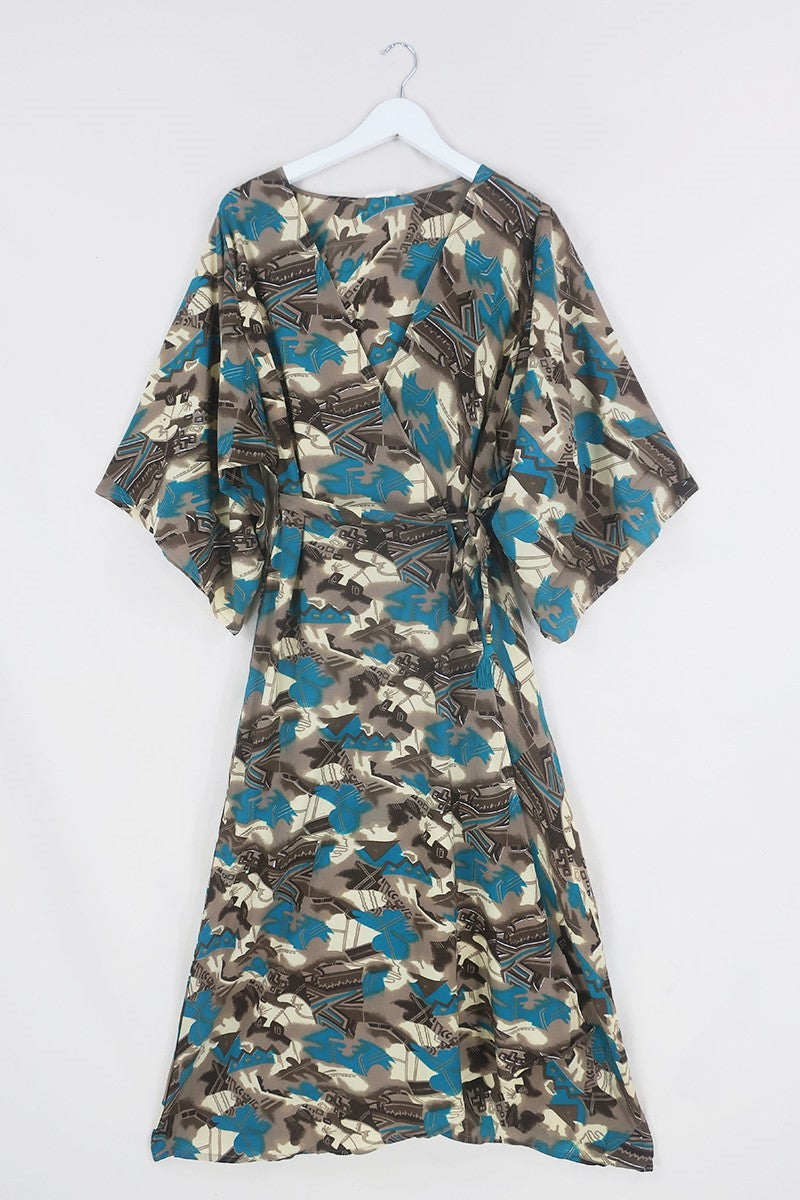 Aquaria Robe Dress - Teal & Taupe Abstract Fragments - Vintage Sari - Free Size M/L by All About Audrey