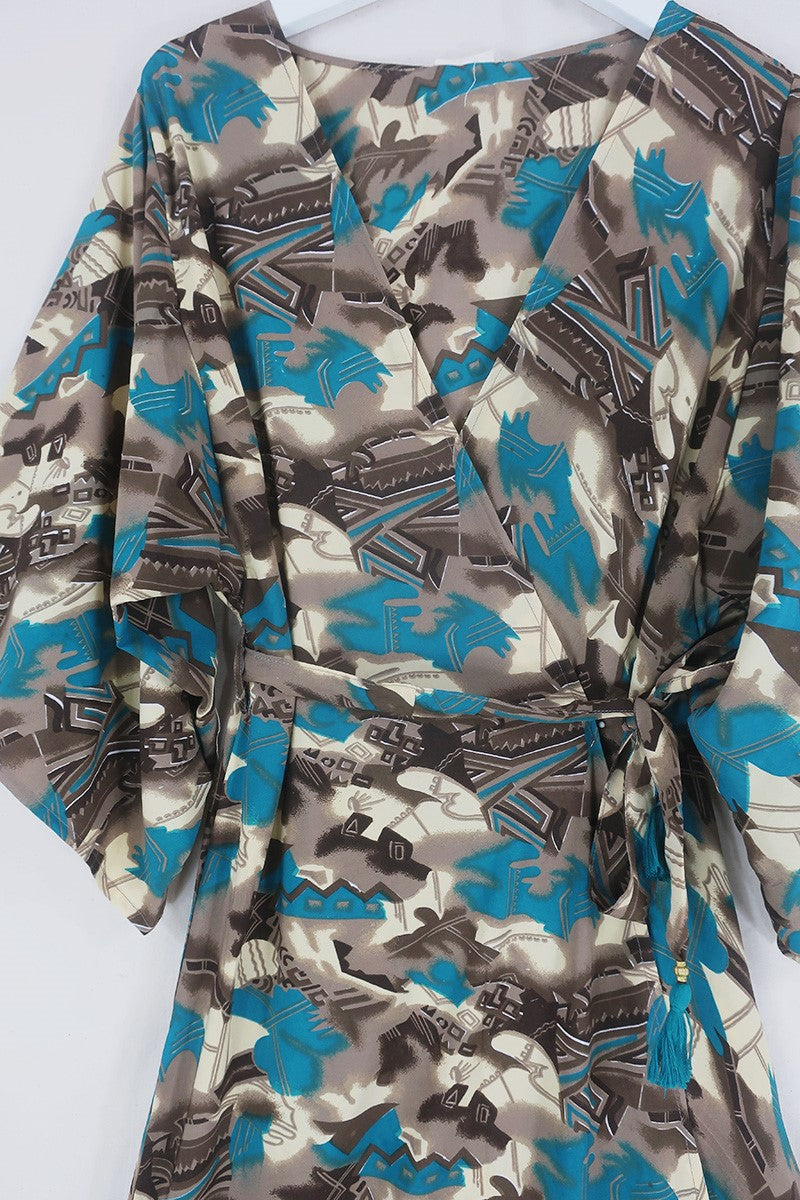 Aquaria Robe Dress - Teal & Taupe Abstract Fragments - Vintage Sari - Free Size M/L by All About Audrey