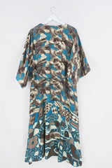 Aquaria Robe Dress - Teal & Taupe Abstract Fragments - Vintage Sari - Free Size M/L by All About Audrey