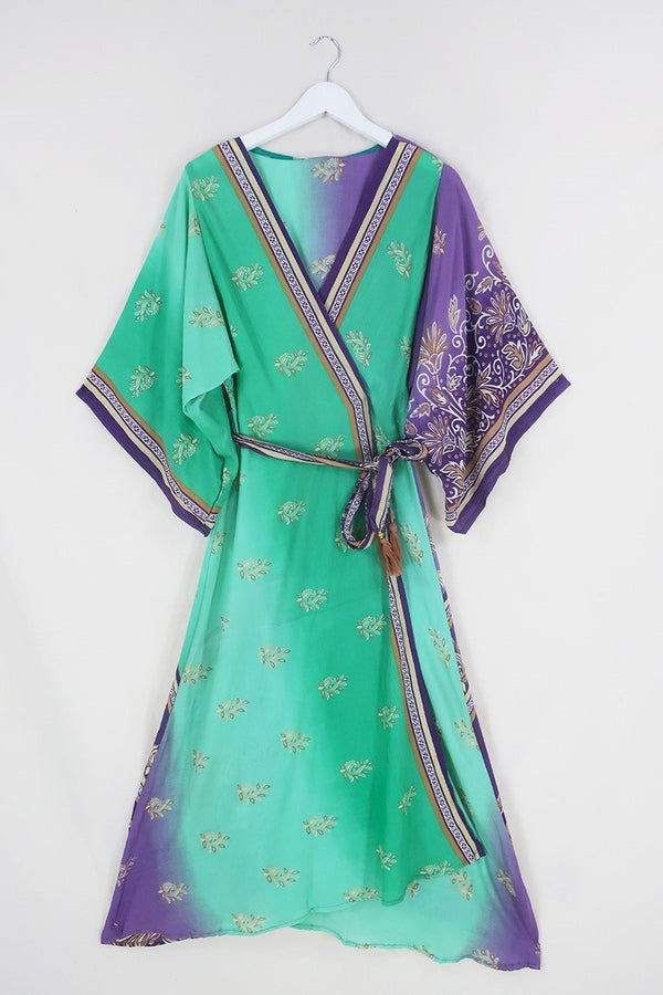 Aquaria Robe Dress - Jewelled Dark Berry & Mint - Vintage Sari - Free Size S/M By All About Audrey
