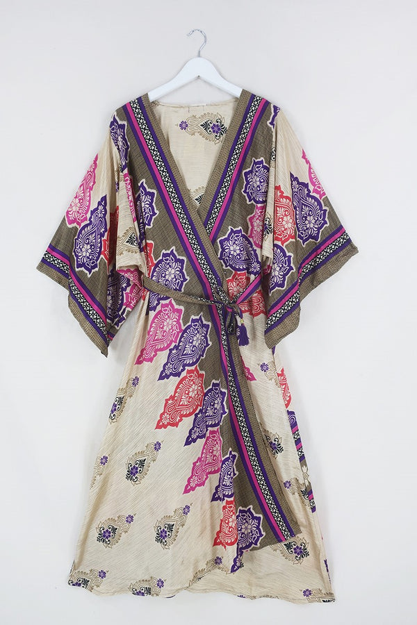 Aquaria Robe Dress - Mulberry Wine & Ecru Floral - Vintage Sari - Free Size L/XL by All About Audrey