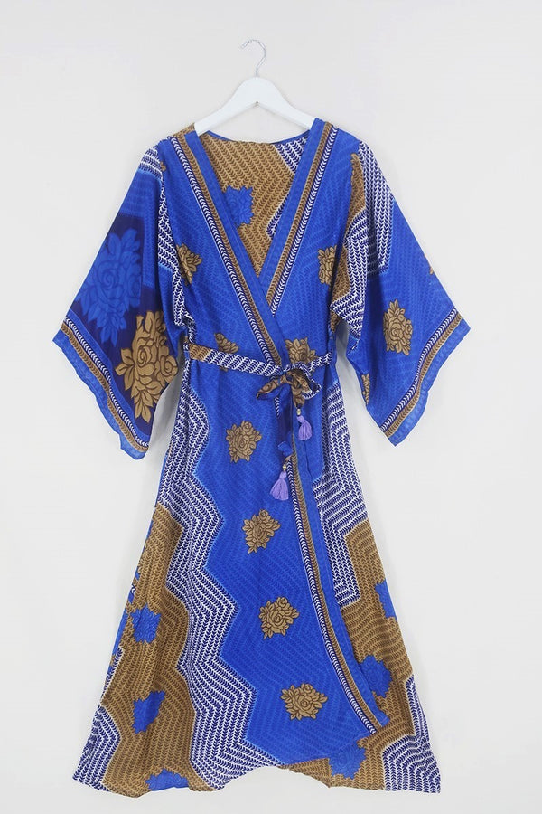 Aquaria Robe Dress - Indigo & Sandy Gold Chevron - Vintage Sari - Free Size M/L By All About Audrey