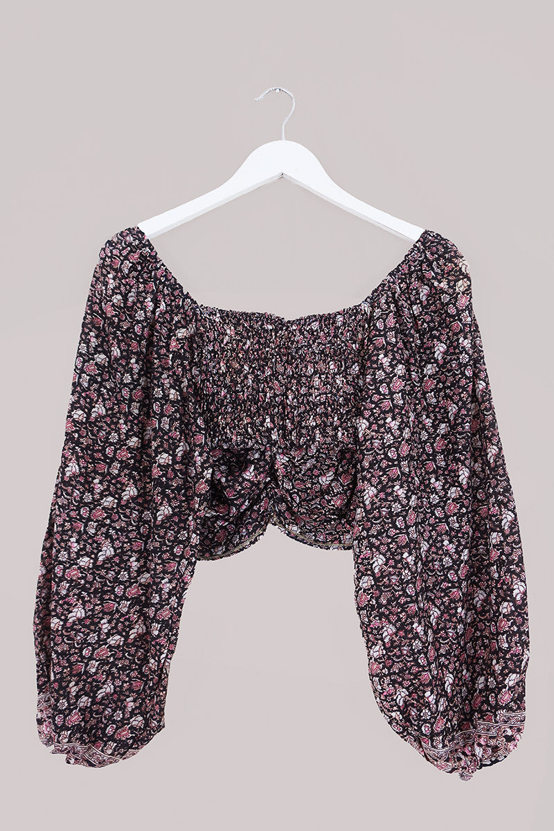 Ariel Top - Vintage Sari - Black Ditsy Floral - Free Size