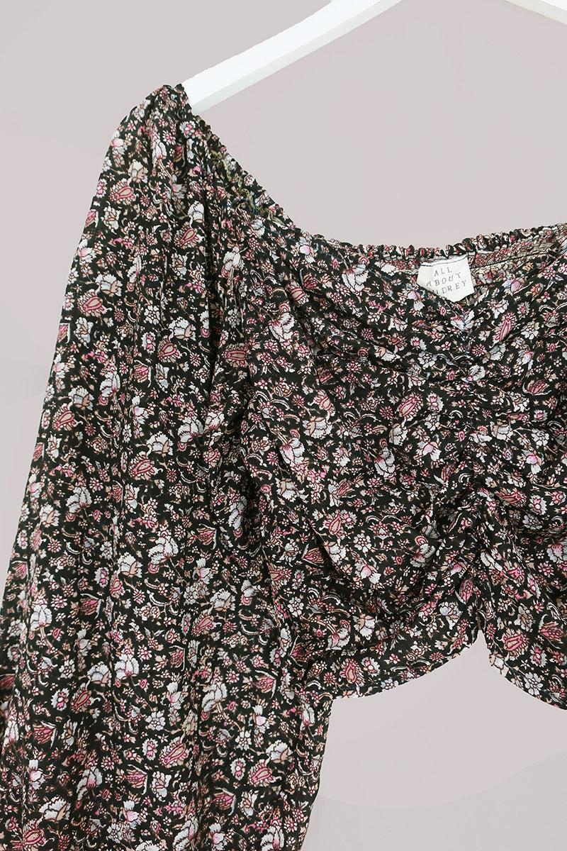 Ariel Top - Vintage Sari - Black Ditsy Floral - Free Size