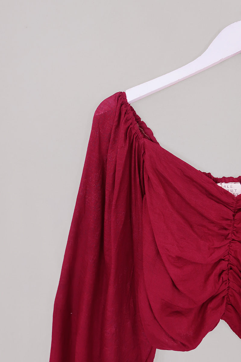 Ariel Top - Vintage Sari - Boho Burgundy - Free Size